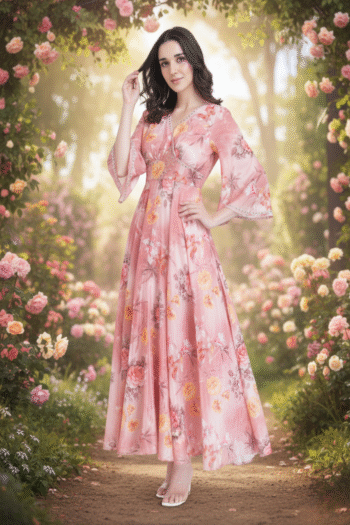 Woman in a pink floral maxi dress with flared sleeves, standing gracefully in a blooming rose garden.