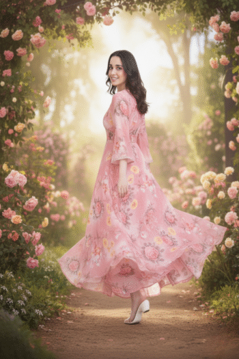 Woman in a pink floral maxi dress with flared sleeves, standing gracefully in a blooming rose garden.