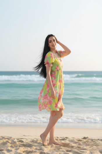 Woman in a bright floral summer dress walking barefoot on the beach, enjoying the ocean breeze, beach fashion photography
