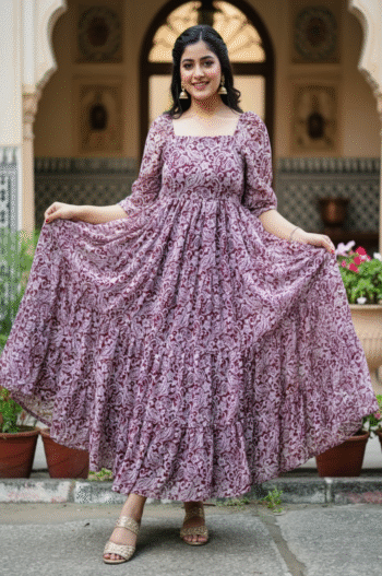 Elegant Maroon Paisley Flared Cotton Maxi Dress – Kapra Dekho Exclusive