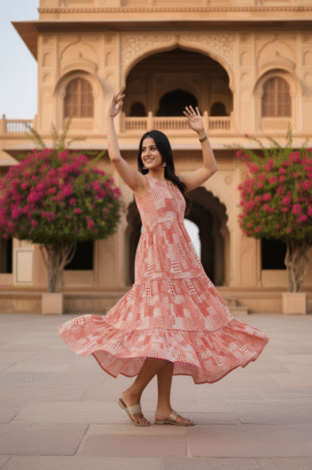 Peach Geometric Print Sleeveless Maxi Dress for Women – Elegant Boho Summer Long Dress with Tiered Hem