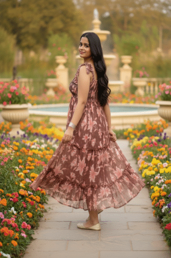 Boho Chic Brown Floral Maxi Dress for Women – Sleeveless Tiered Long Summer Dress with Strappy Shoulders & Flowy Layers