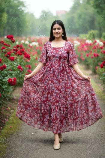 Floral Burgundy Maxi Dress for Women – Elegant Summer Long Dress with Flutter Sleeves & Flowing Silhouette