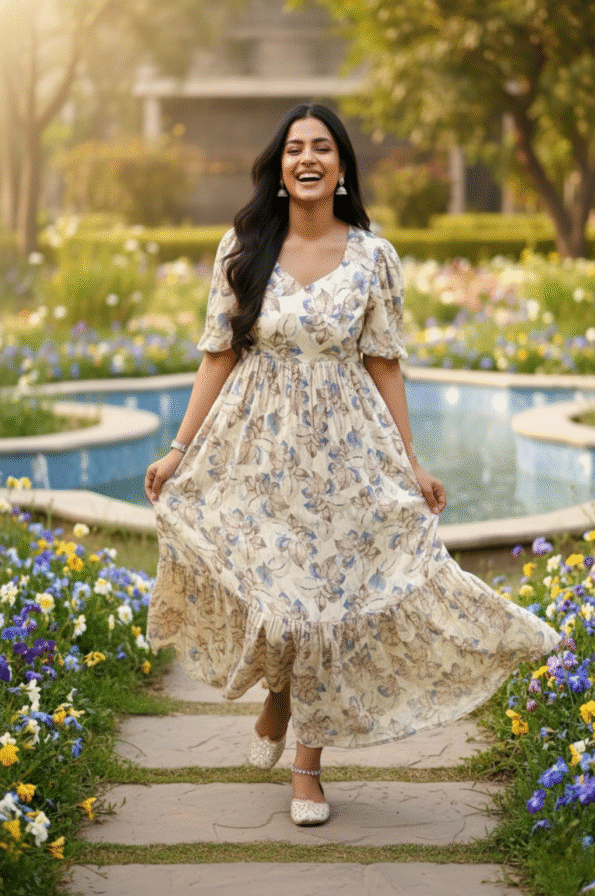 Beige Floral Maxi Dress For Women | Elegant Puff Sleeve Summer Gown