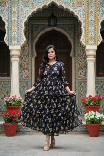 Midnight Bloom Black Floral Maxi Dress – Elegant Tiered Georgette Gown