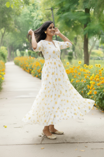 Elegant White Floral Maxi Dress for Women – Summer Long Dress with Yellow Daisy Print | Flowy Boho Style Ethnic Maxi Gown