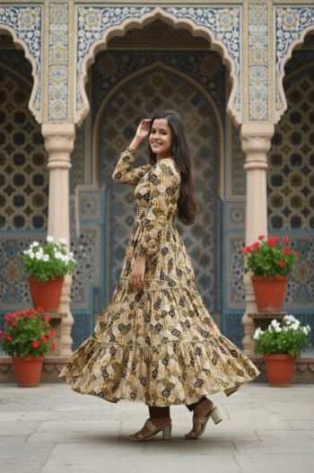 Elegant Mustard & Black Printed Anarkali Maxi Dress for Women | Ethnic Boho Long Gown with Full Sleeves
