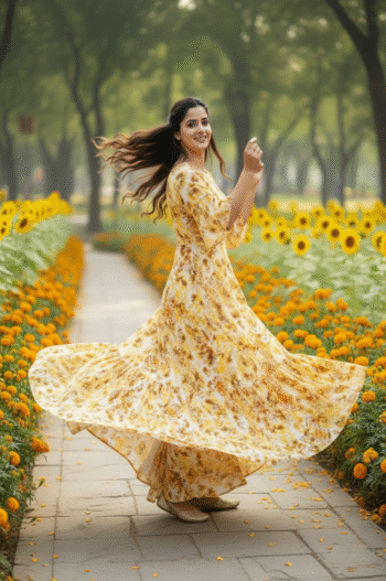 Yellow & Orange Abstract Print Maxi Dress for Women – Summer Long Dress with Flared Sleeves & Elegant Flow
