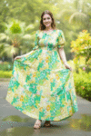 Elegant Green & Yellow Floral Printed Maxi Dress for Women | Summer Boho Puff Sleeve Long Gown