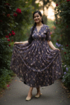 Bohemian Navy Blue Maxi Dress for Women – Vintage-Inspired Ethnic Print Long Dress with V-Neck & Half Sleeves