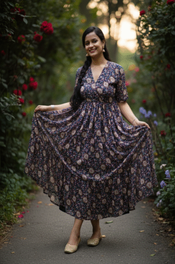 Bohemian Navy Blue Maxi Dress for Women – Vintage-Inspired Ethnic Print Long Dress with V-Neck & Half Sleeves
