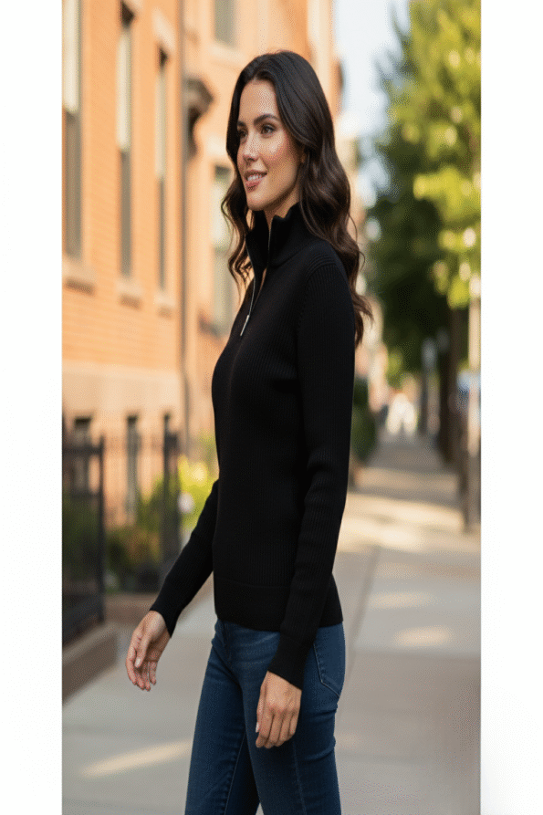 Essential Luxe Ribbed Quarter-Zip Sweater – Midnight Black - Kapra