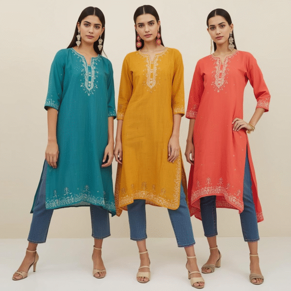 Woman wearing light chikankari kurti with blue denim jeans casual look